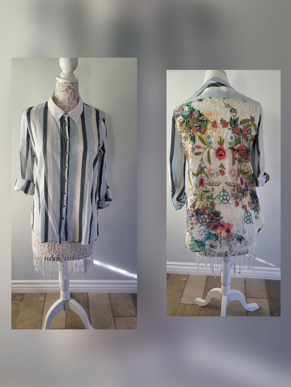 Aratta Striped Button-Down with Floral Embroidered Back Size L